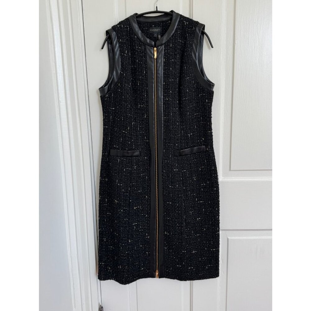 Donna Karan, Zip-up Tweed and Faux Leather Dress, Size 8